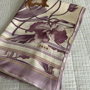 Aker 100% silk scarf - rectangle hijab white/ purple design